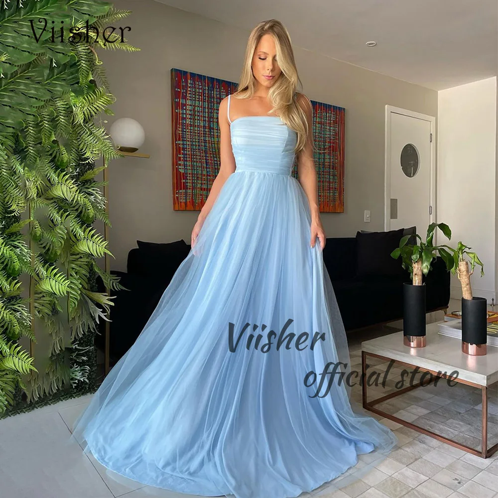 

Viisher Baby Blue Tulle A Line Prom Party Dresses Spaghetti Straps Strapless Long Formal Evening Dress Women Evening Gowns