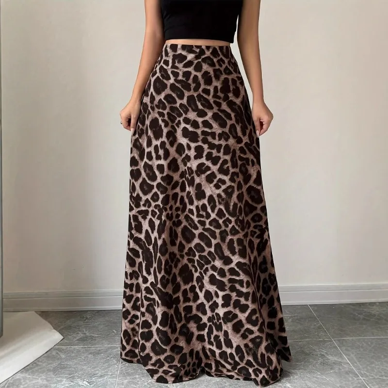

Retro Leopard Print Skirt Women's Summer Temperament Leopard Print High Waist A Word Medium and Long Skirt