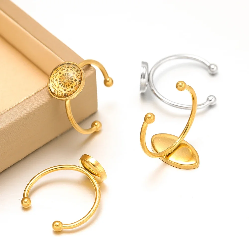 10pcs Stainless Steel Gold Color Open Ring Settings Blank Cabochon Base Tray Rings for DIY Fashion Rings Supplies Jewelry Making