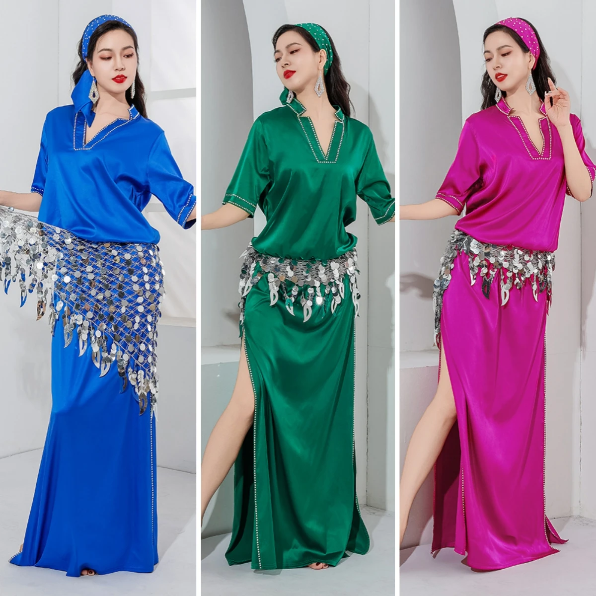 أداء الرقص الشرقي زي رداء قطعة واحدة فساتين شابي ممارسة البدلة بلدي أداء الرقص الشرقي زي 4 قطعة/3 قطعة #5