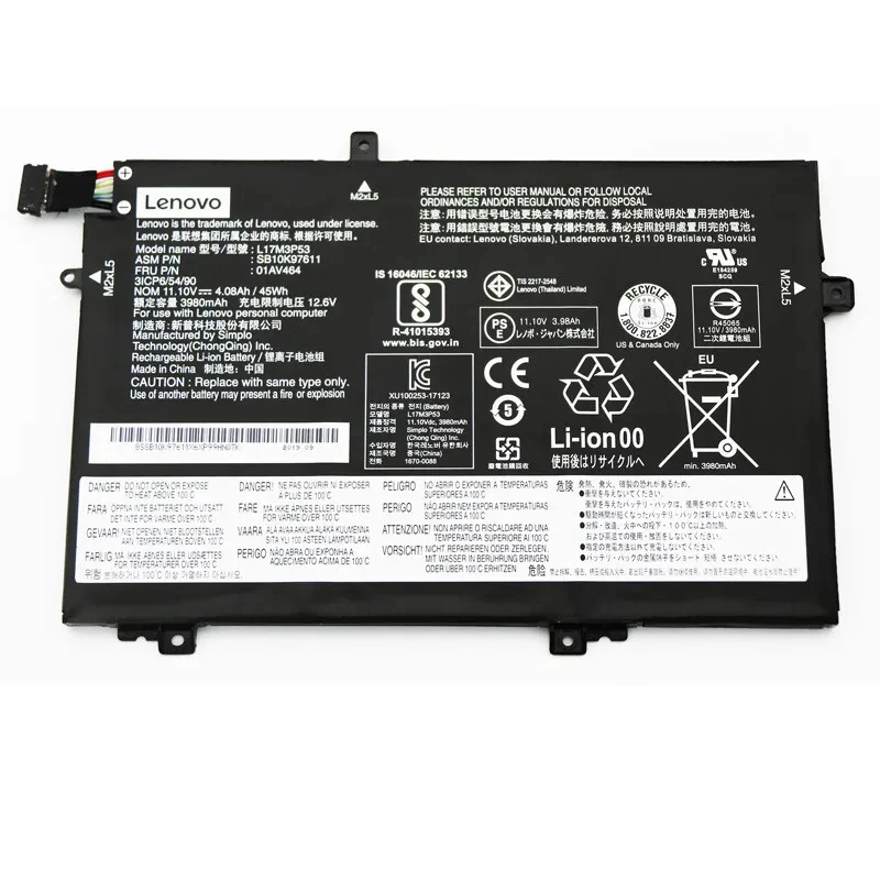 L17L3P52 11.1V 45Wh 4.08Ah Battery for Lenovo ThinkPad L480 L580 Series L17C3P52 L17M3P53 01AV465 01AV466 L17M3P54