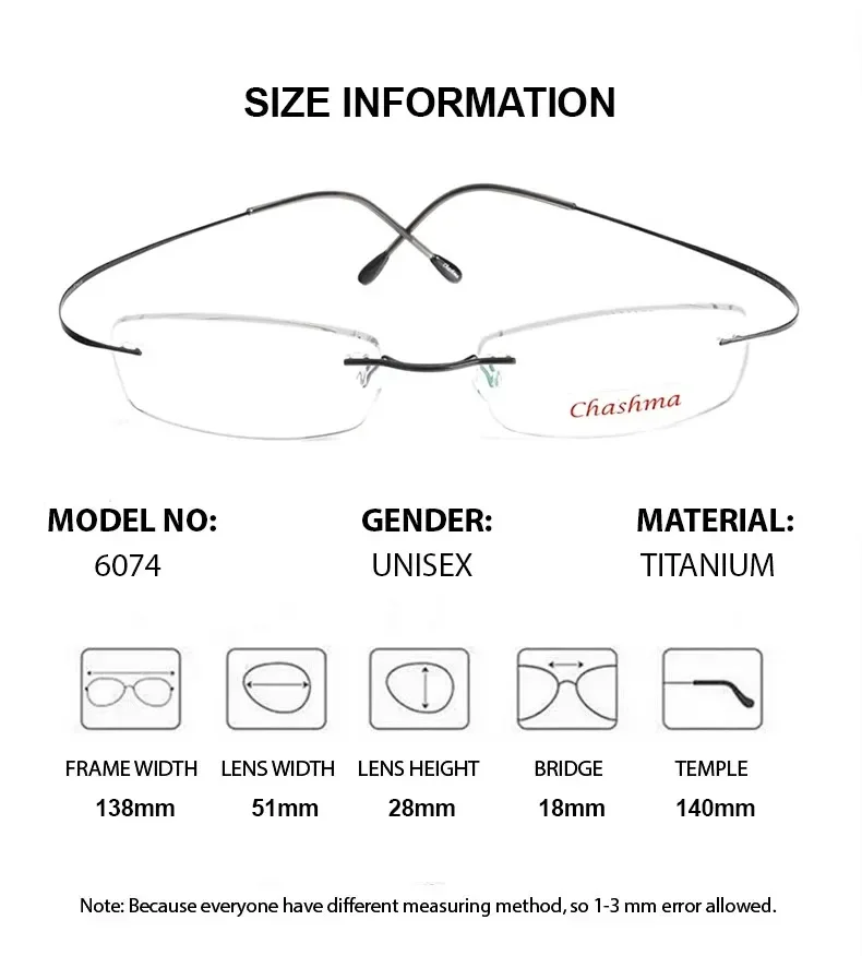 Chashma Brand Titanium Rimless Glasses  Myopia Glasses Frame for Man and Woman