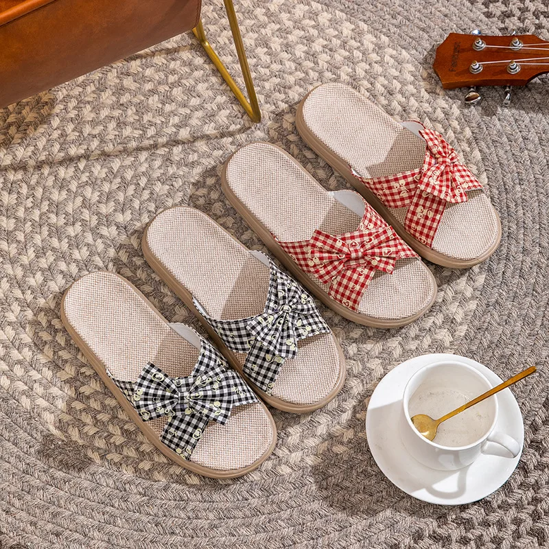 Spring And Summer Linen Home Interior Ladies Leisure Non-Slip Mute Thick Soft Bottom Plaid Fabric Fashion Slippers