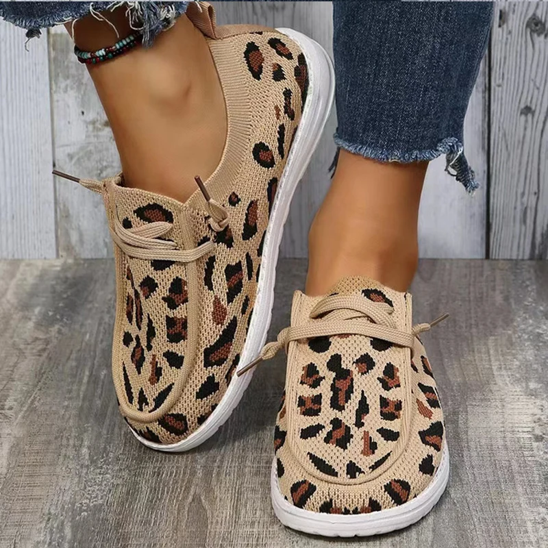 Dzianinowe trampki Leopard kobieta wygodne wsuwane siatkowe mieszkania damskie letnie oddychająca siateczka sportowe