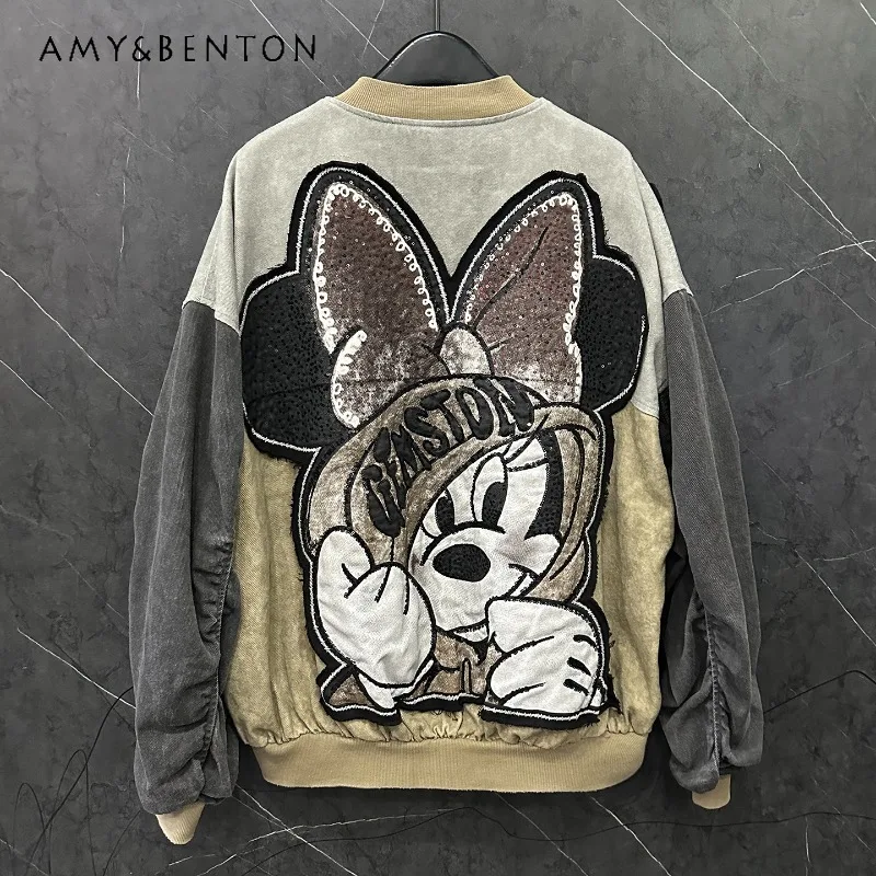 

2025 Autumn Winter Heavy Craft New Cartoon Patch Embroidery Color Block Baseball Jacket Women's Loose Casual Kawaii Coat Outwear