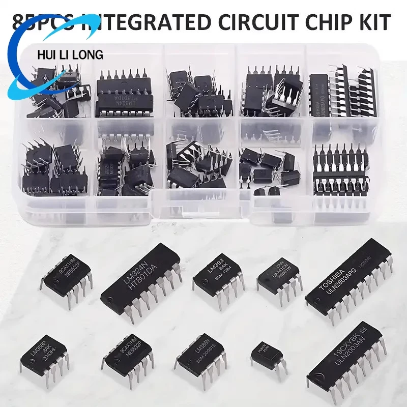 85PCS 10 Types NE555 LM324 LM393 UA741 ULN2803 LM358 LM386 NE5532 ULN2003 PC817 Integrated Circuit DIP IC Combination Chip Kit