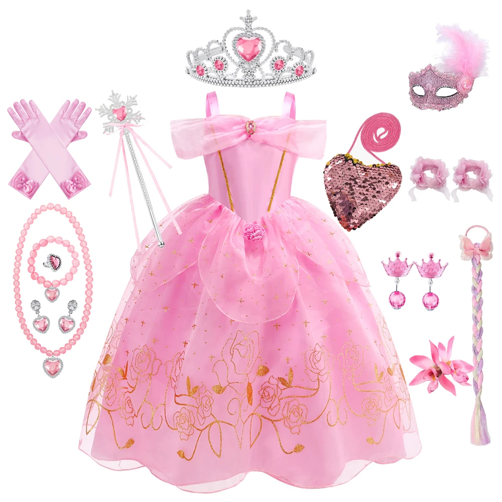 

Aurora Pink Dress for Girls Sleeping Beauty Costume Kids Birthday Halloween Party Disguise Dresses Up