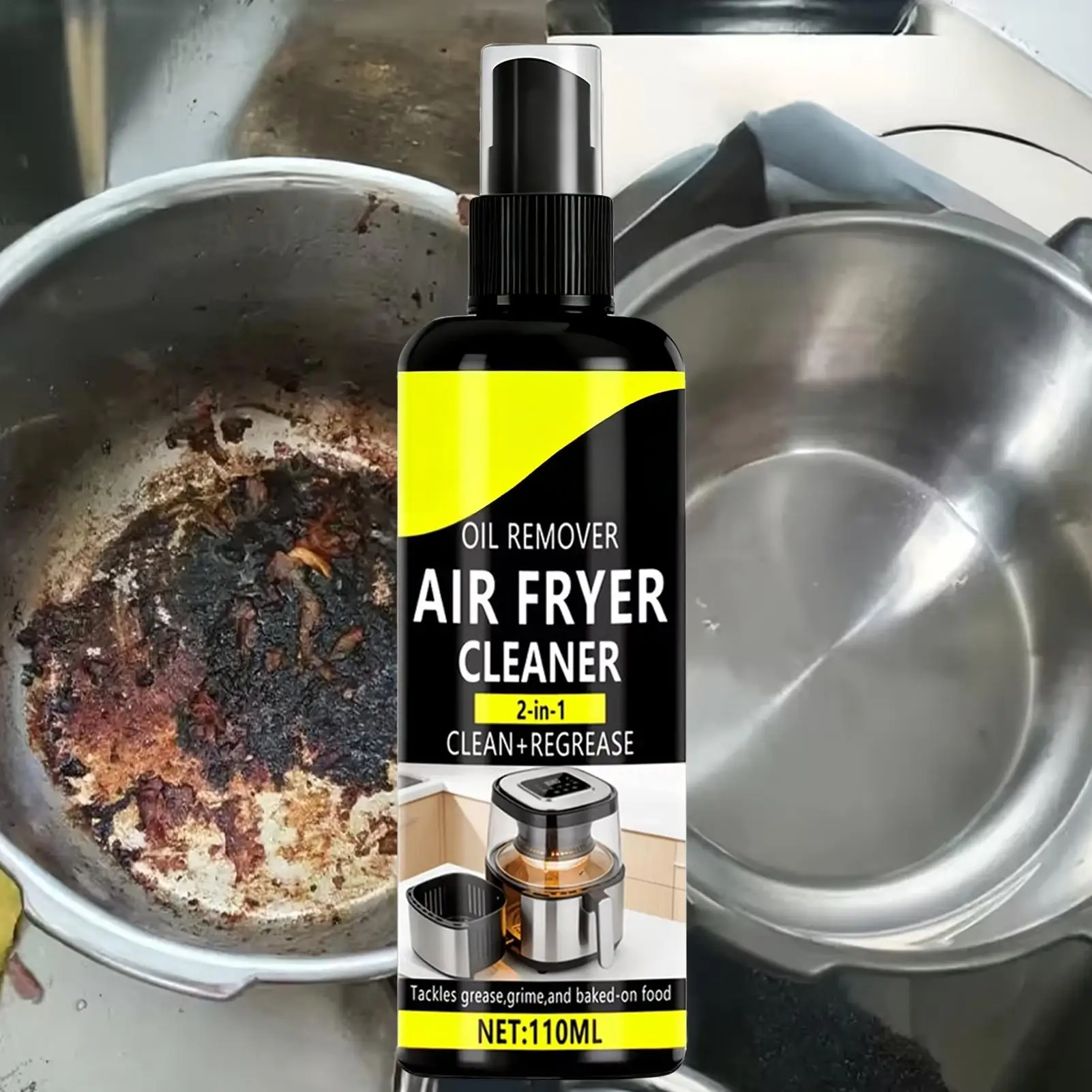 Air Fryer Cleaner 110ml Heavy Duty Degreaser Kitchen Oil Remover Fast Acting Spray for Oven Microwave Stove Top Grill Home Use