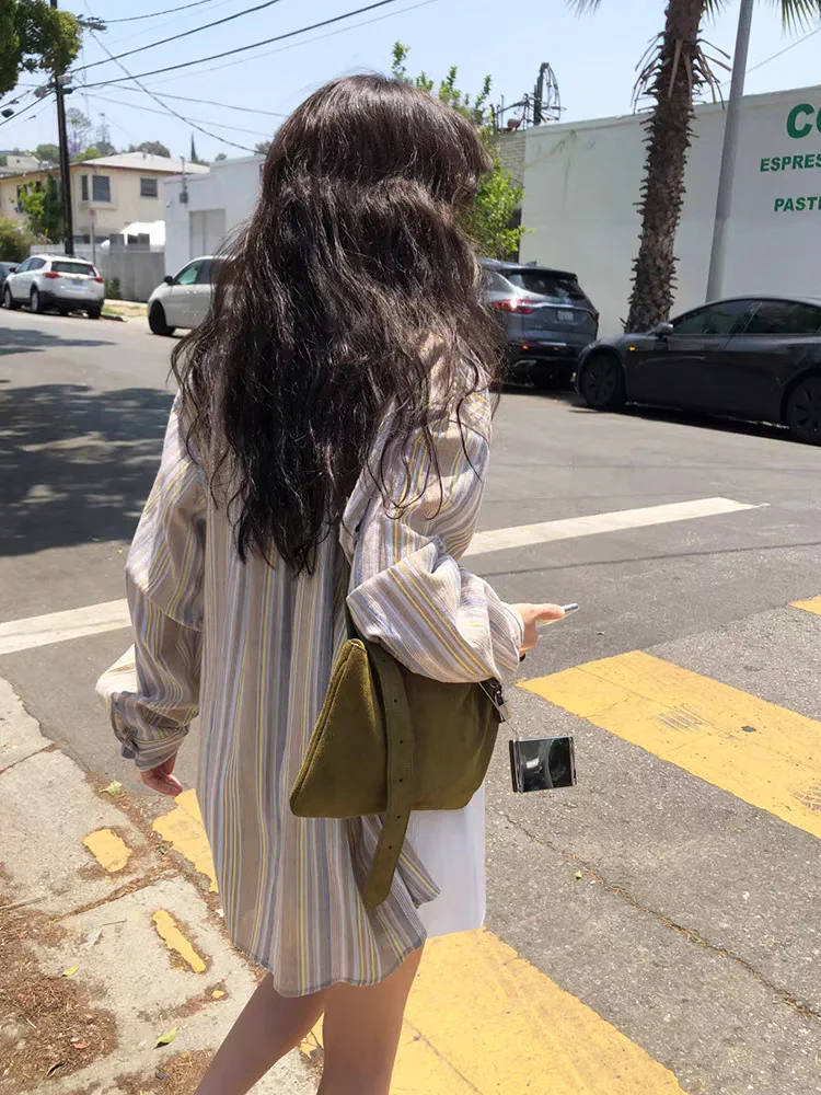 

Loose Casual Striped irt Women's Long Sve Dongda Gate Sle Vintage Hong Kong Flavor Cotton Classic Button down