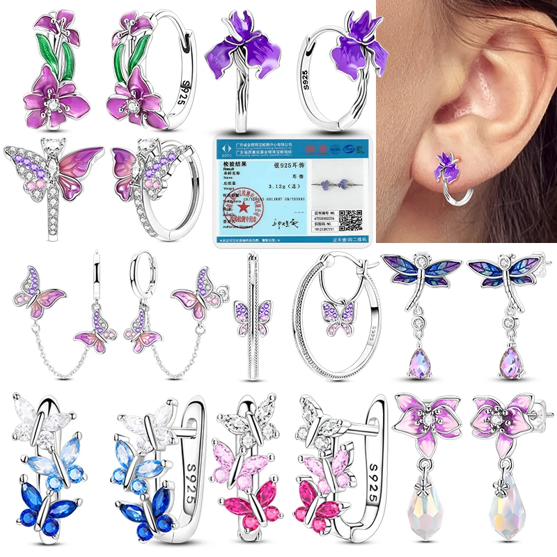 925 Sterling Silver Floral & Butterfly Earrings Multiple Styles Iris Flower Dragonfly Hoop Earrings Romantic Jewelry Gift