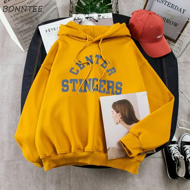 Sudaderas con capucha para mujer, jersey de manga larga con letras estampadas, algodón suave, estilo coreano, sencillo, holgado, combina con todo