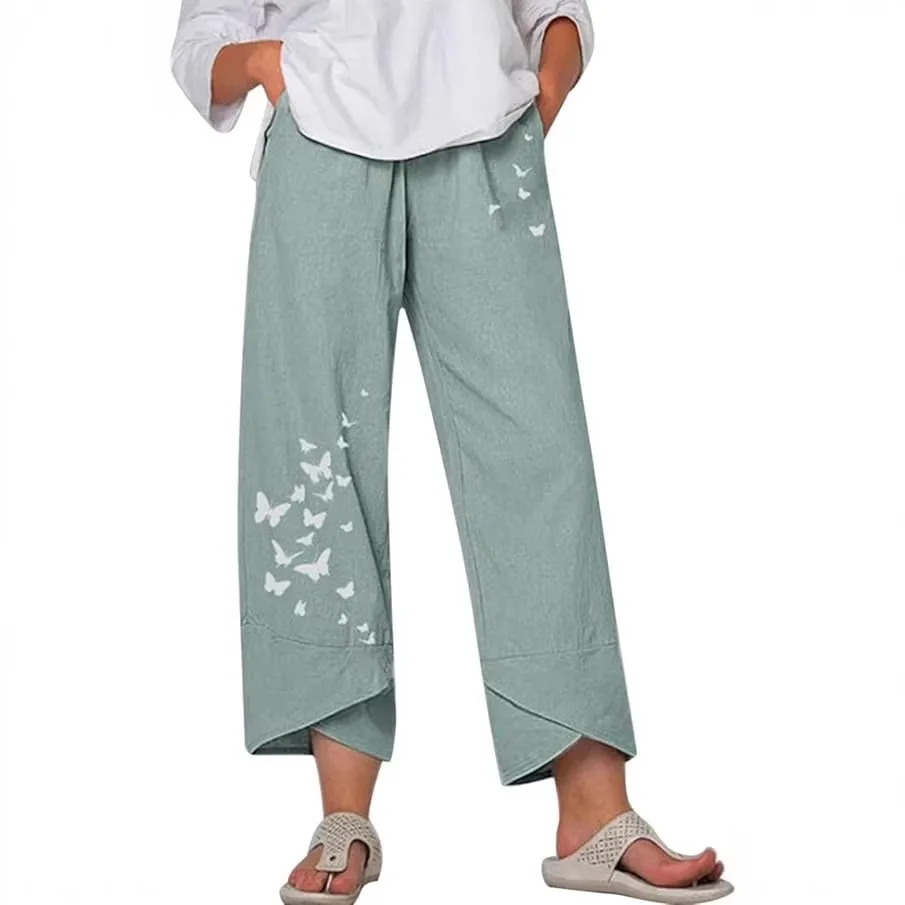 Women  Solid Color Simple Splicing Pocket Loose Casual Cropped Pants