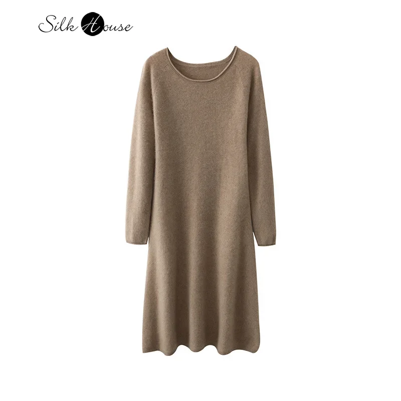 

2024 Women's Fashion Autumn/Winter New Style Curled O Neck 100% Wool Long Sleeve Solid Color Temperament Commuting Knitted Dress