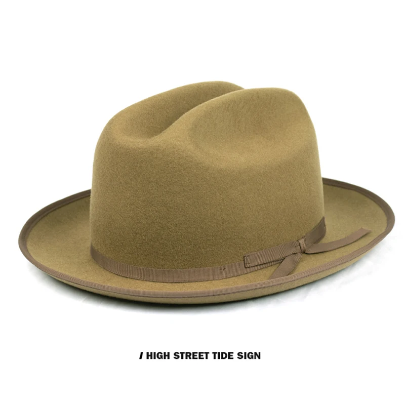 Men Wool Felt Hat , Mountain Top Design American Cowboy Hard Fedora Hat With M L XL Size For Black Beige Yellow Color