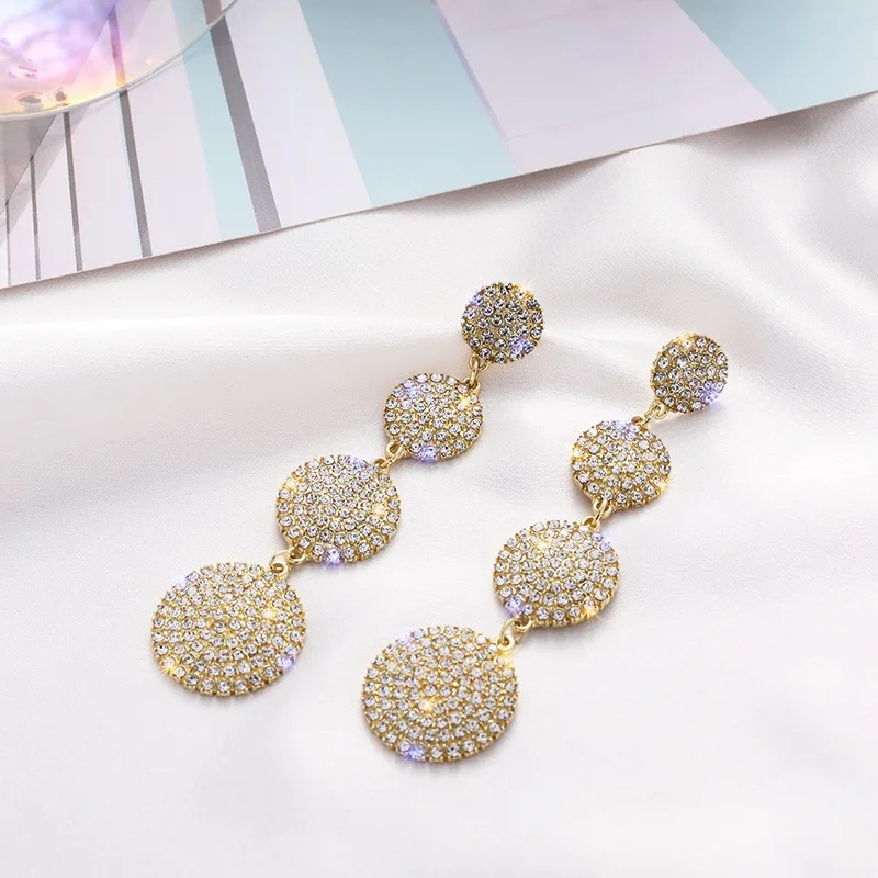 

Cross-Border European and American Full Diamond Geometric Circle Long Earrings Exaggerated Simple Fashion Design Earrings for Wo