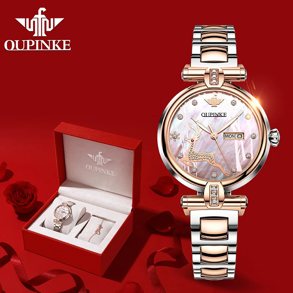 

OUPINKE Original Women's Watches Fashion Luxury Waterproof Fully Automatic Mechanical Strap Calendar Diamond Embedding Exquisite