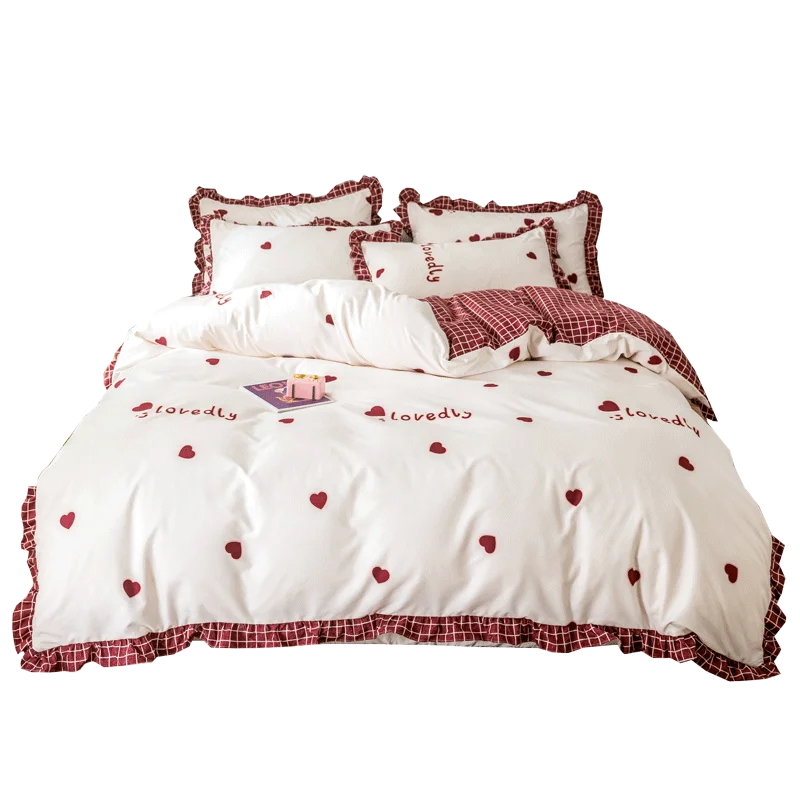 Four-piece set of pure cotton household plants flower printing  dyeing with lotus leaf lace grinding bed quilt cover of bedding