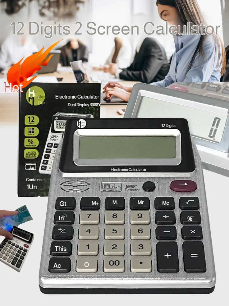 Double-sided Screen Anti-slip Bottom Calculator 12 Digital LCD Display with Money Detector Light for Office Financial Accounting