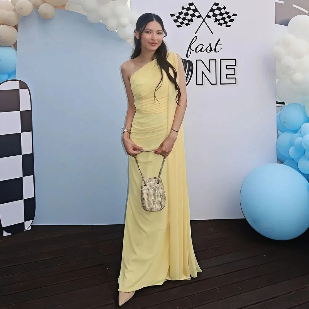 

Simple Yellow Evening Dress A-Line Pleated Chiffon One Shoulder Long Sleeve Arabic Women's Special Occasion Banquet Dress