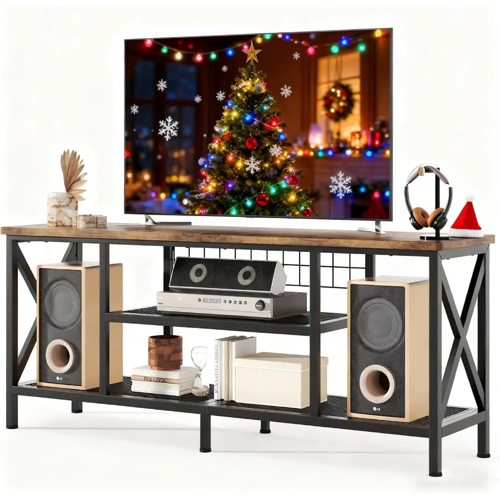 

59.8 Industrial TV Stand for 55-65 Inch TVs, Rustic Brown, 3-Tier Media Entertainment Center with Open Shelves, Metal Fra