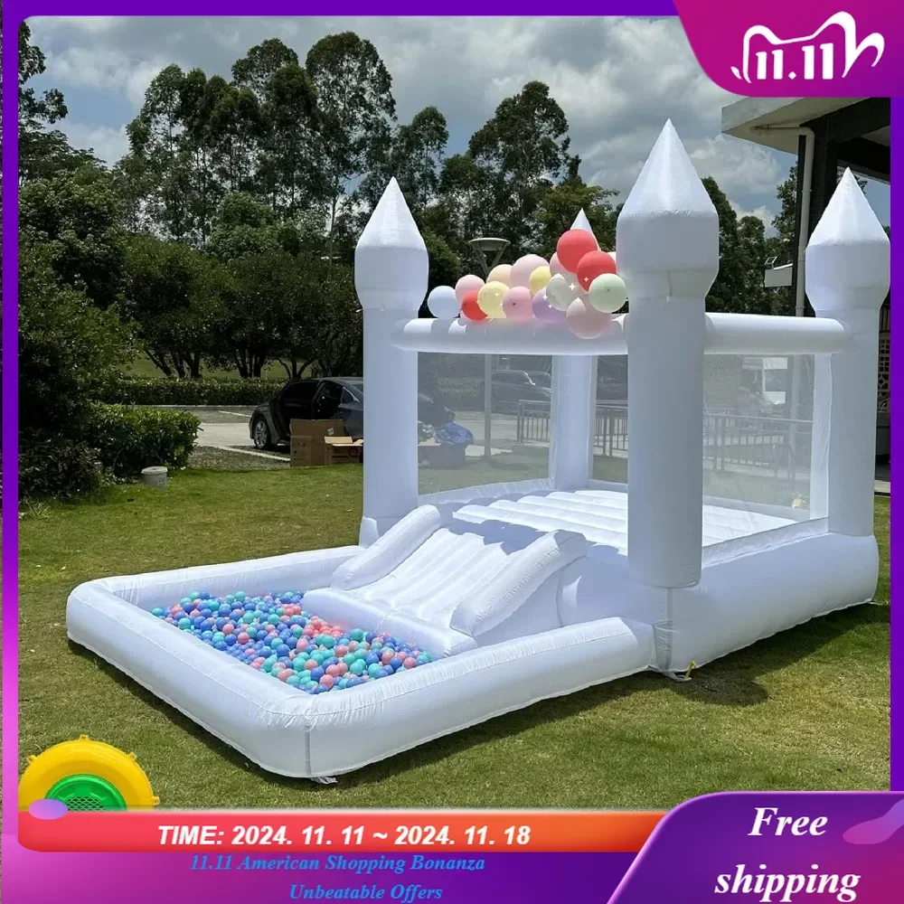 Portable White Bounce House with Slide and Ball Pit Multifunctional Inflatable Bouncer for Kids(13 * 8 * 8ft Oxford Cloth，