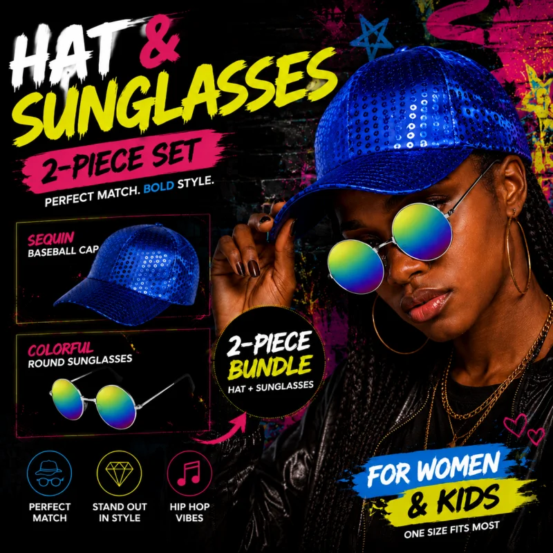 Glitter Sequin Baseball Cap and Glasses Set, Trendy Shiny Hat with Colorful Mirror Lens Eyewear for Festival Halloween Costume