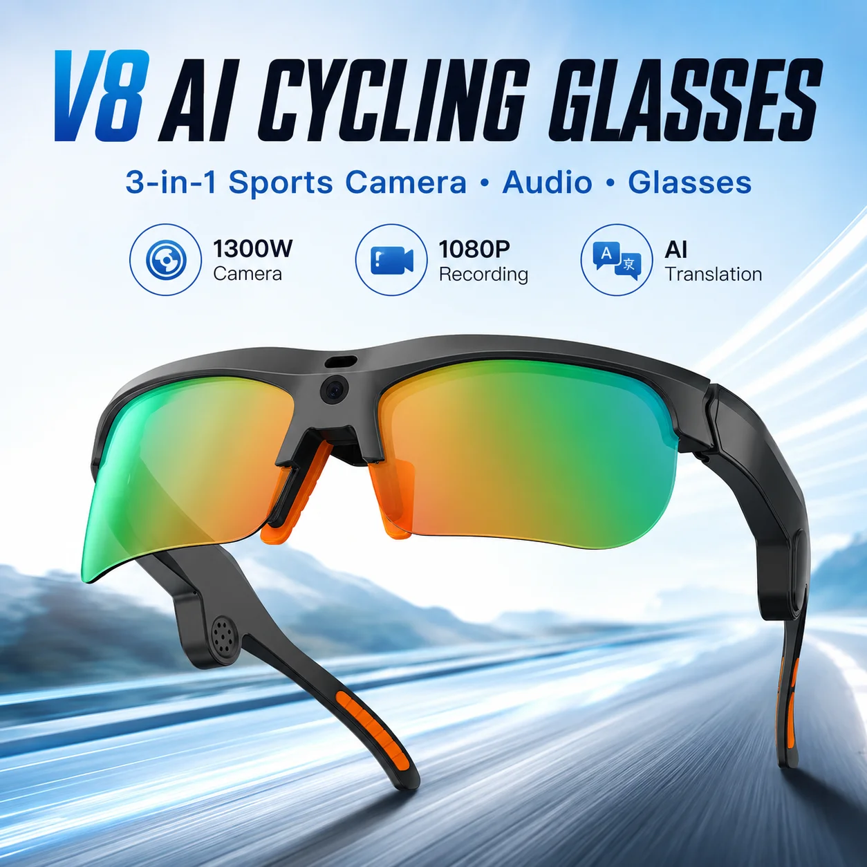 V8 AI Smart Sports Glasses Real-time Multi-language Translation AI Object Recognition 1300P HD Shooting Wind Resistant Stereo