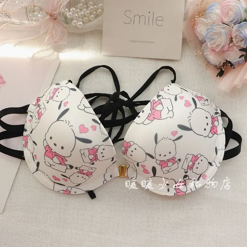 Hello Kitty girl bra front buckle halter strap cute and sweet Pochacco small breast push up student underwear fashion trend set