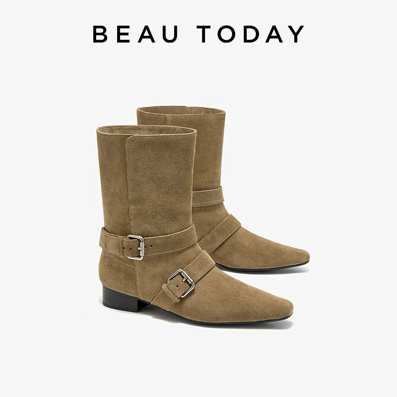 BEAUTODAY Ankle Boots Women Cow Suede Solid Color Slip-on Pointed Toe Buckle Decoration Flat Heel Ladies Shoes Handmade 02051