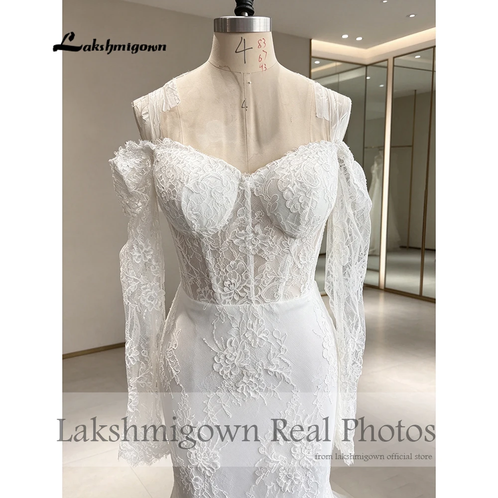 Lakshmigown Schulterfreies Meerjungfrauen-Brautkleid mit langen Ärmeln, luxuriöses Spitzen-Brautkleid, echte Fotos, individuell anpassbar. – Detail 8