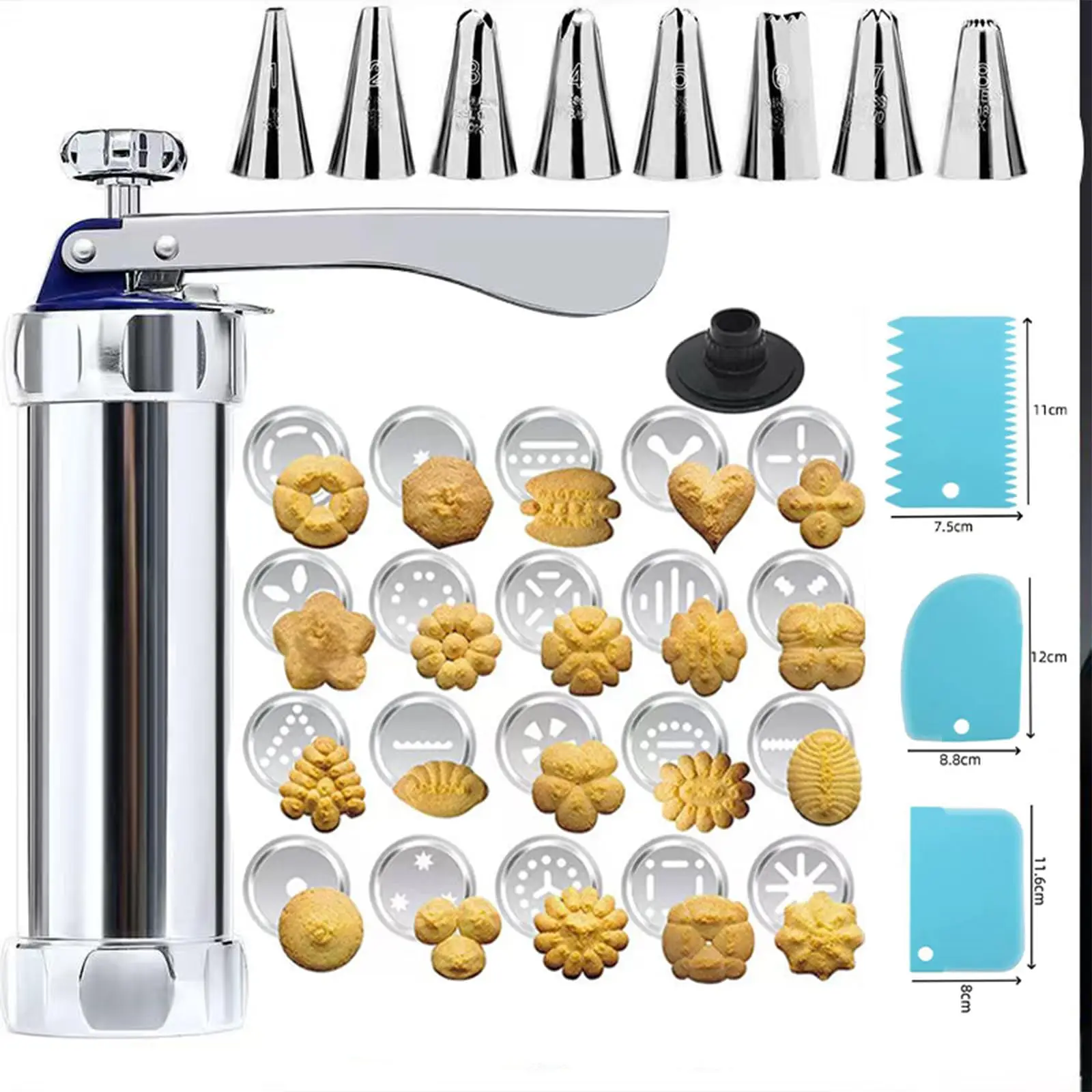 

Cookie Press Gun Kit with 20 Mould Discs&8 Icing Nozzles Stainless Steel Handheld Biscuit Cookie Maker Machine Home Baking Tool