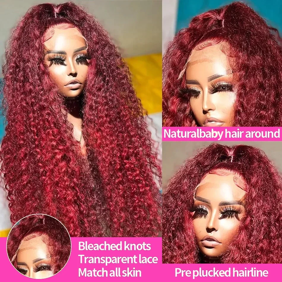 Perruque Lace Front Wig Deep Wave Brésilienne Naturelle, Cheveux Humains, Couleur Rouge Bordeaux 99J, 13x4, 13x6, Transparent HD, pour Femme