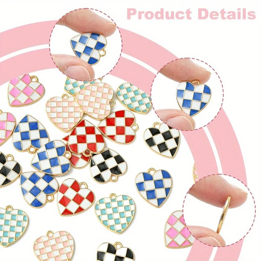 36 pieces, 6 different styles of alloy pendants, heart-shaped checkered pendant, mixed colors, suitable for DIY jewelry making of bracelets, necklaces and earrings, 17-17.5 x 15-17 x 1.5 mm, hole: 1.6-1.8 mm