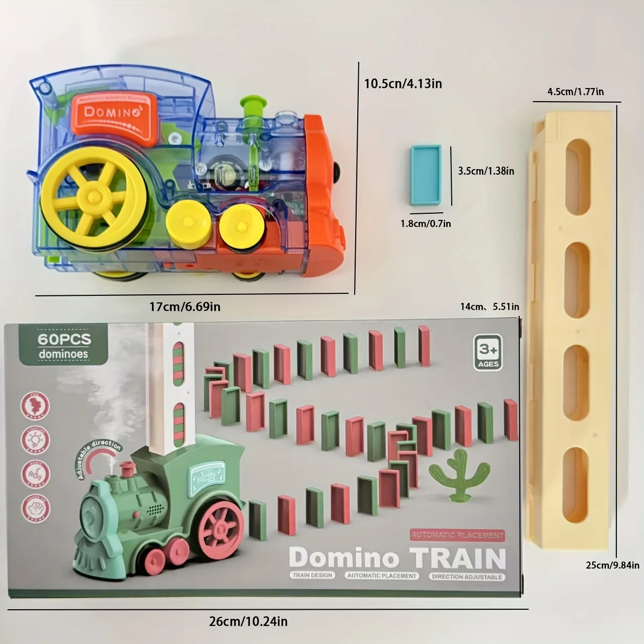 60Pcs Domino Train Playset, Locomotive Comes with Spray, with Sound and Light, Auto Sort Building Block Game