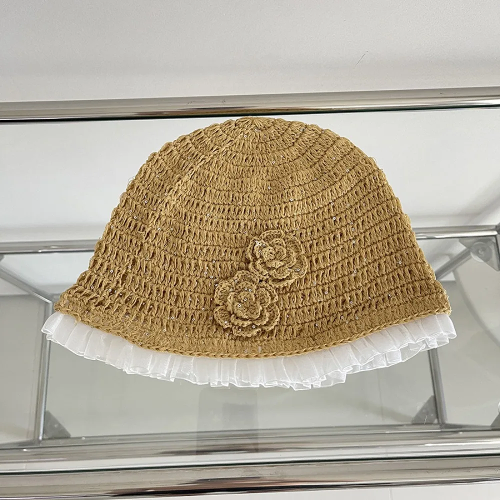 

Fashion Handmade Crochet Flower Hat Hollow Out Bling bling Lace Beanies Hat Korean Thin Sequin Knitted Hat Outdoor