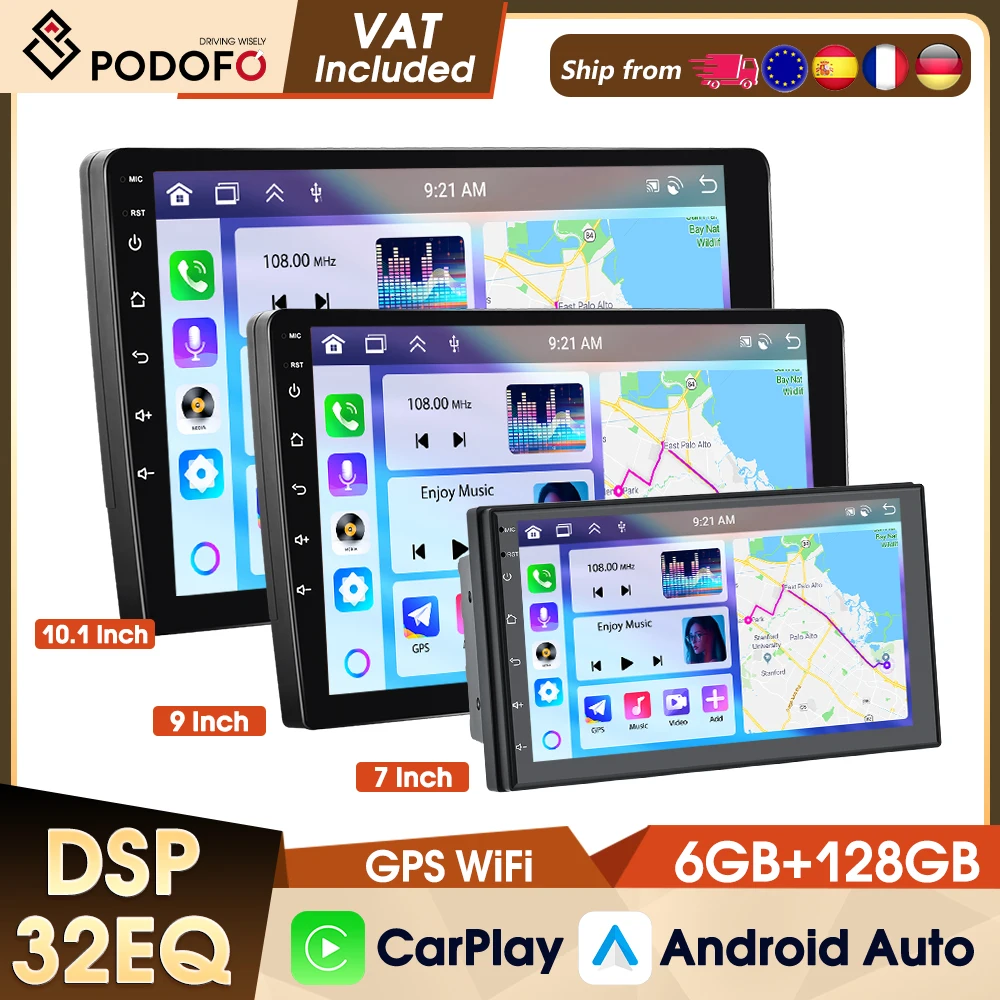 Podofo 8-Kern 8+128G Autoradio 7/9/10'' IPS-Bildschirm Bluetooth WIFI GPS FM RDS Auto-Multimediaplayer Kabelloses CarPlay Android Auto