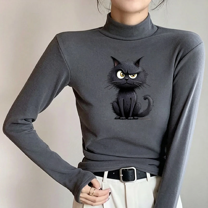 Winter Women's Thermal Brushed Fleece Half Mock Neck Long Sleeve T Shirt Grumpy Black Cat Angry Graphic Warm Tee
