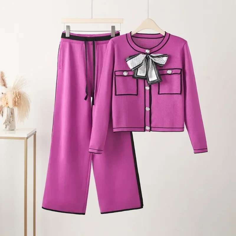 

Elegant Pleated Bow Tie Two Pieces Women Sweater Tracksuits O Neck Women Cardigan + Wide Leg Pants Suits Autumn 2 Pieces Sets