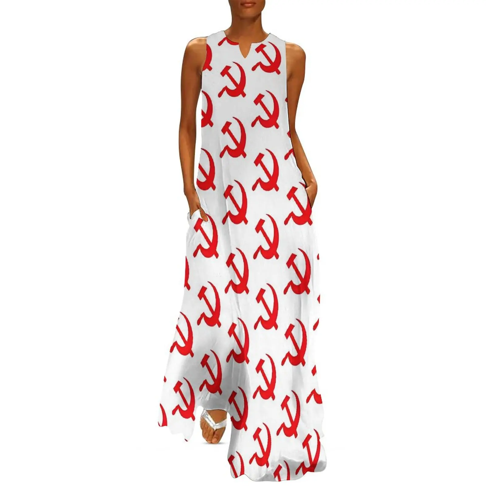 

CCCT Communist Hammer Sickle Dress Kawaii Maxi Dress без рукавов с узором Повседневные длинные платья Уличная одежда Одежда больших размеров