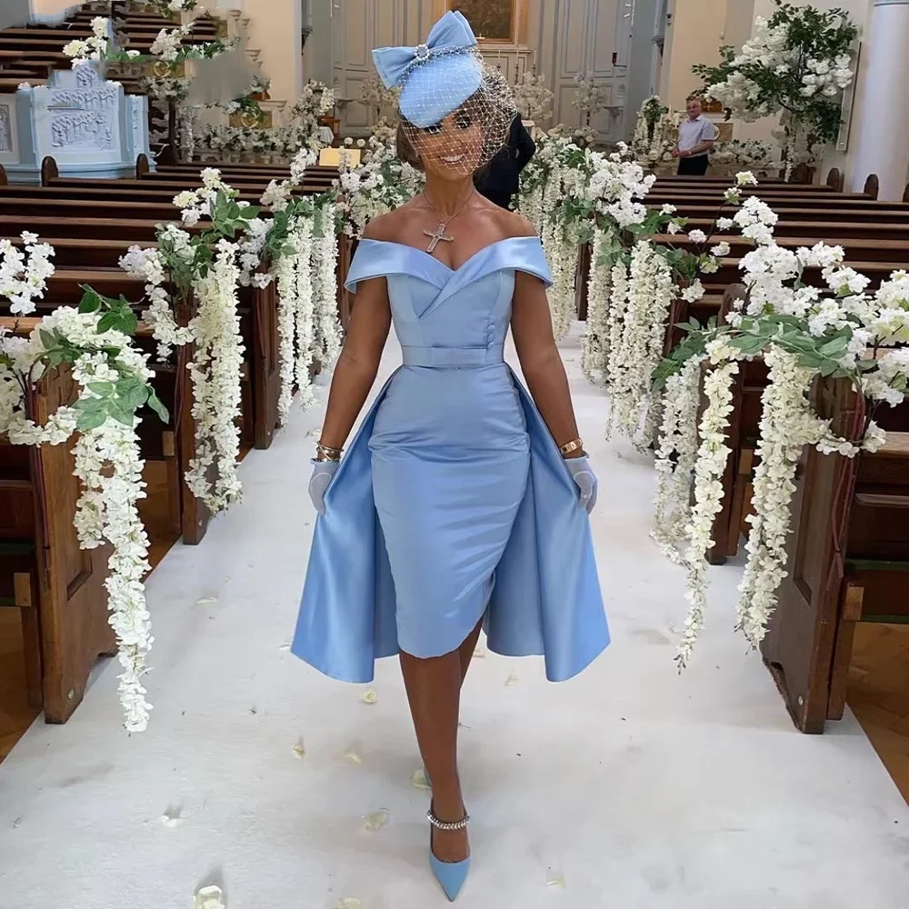 

Vinca Sunny Customized Sky Blue Cocktail Dresses for Wedding Off the Shoulder Formal Party Gowns Satin Evening robe de mariée