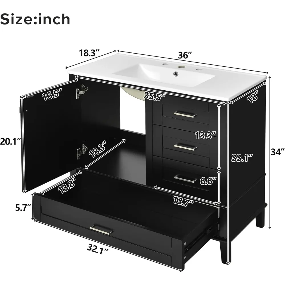 Mobile Vanity da 36 pollici con lavabo e 3 cassetti, chiusura ammortizzata