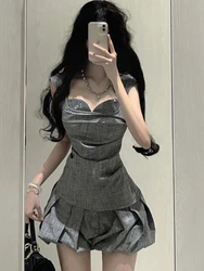 Korean Fashion New Chic Two Piece Set Women Gray Polka Dot sleeveless Tops+High Waist Mini Skirt Female Summer Casual Party suit