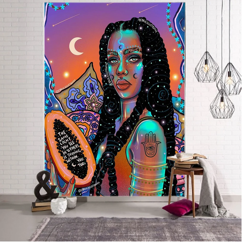 Psychedelic fashion girl illustration background decoration tapestry Nordic fashion girl background decoration wallpaper