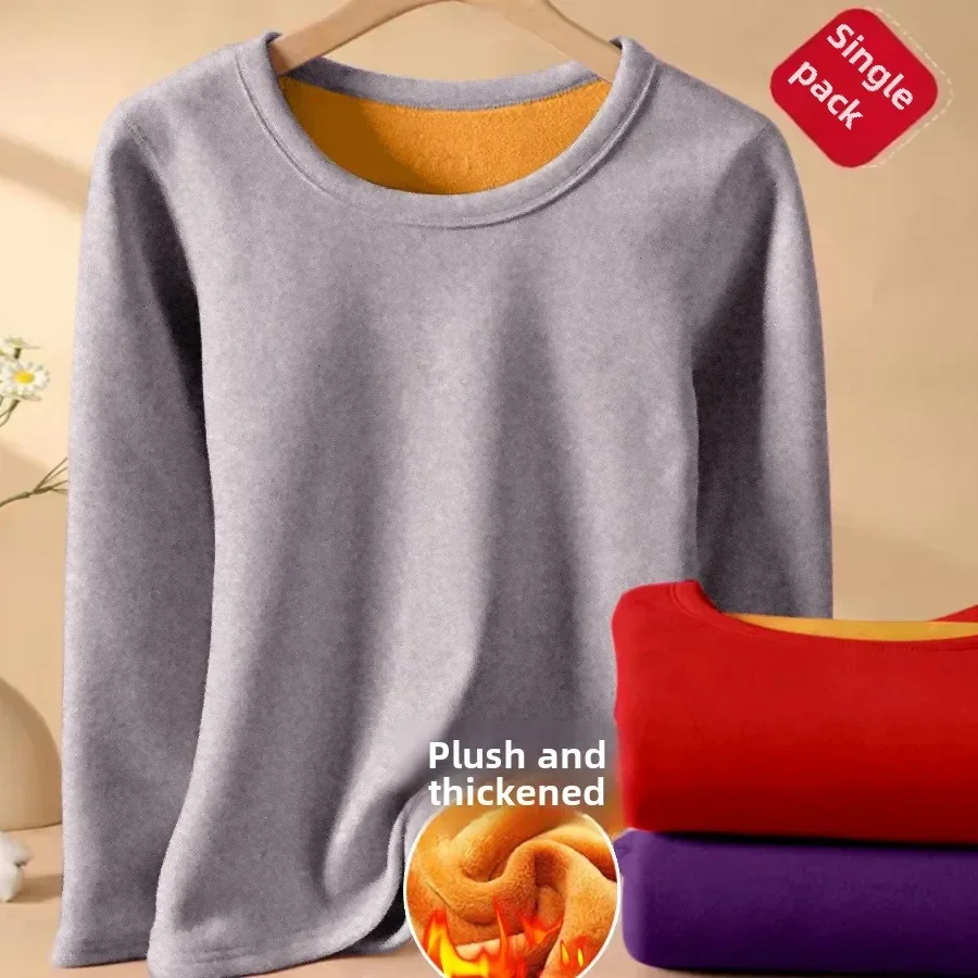 Thermal Underwear Women's Autumn/Winter Round Neck Fleece-Lined T-Shirt Base Layer Top Thickened Inner Solid Warm Bra