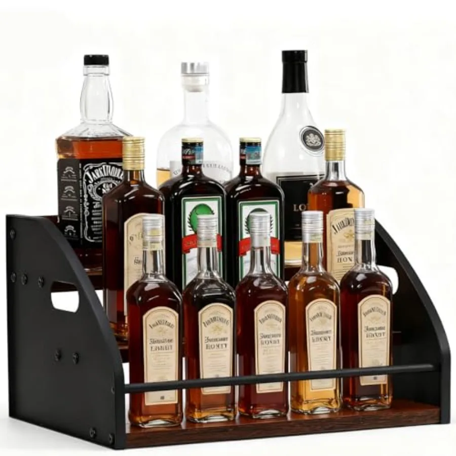 

Liquor Bottle Display Shelf Coffee Syrup Rack Organizer with Metal Hand 3 Step Countertop Liquor Wine Rack Mini Bar Liquor Cabi