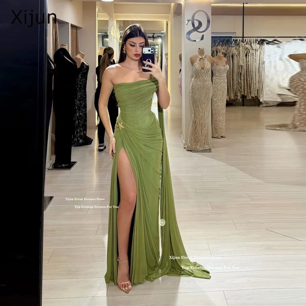 

Xijun Olive Green Chiffon Evening Dresses One Shoulder Pleated Slit Long Prom Dresses Formal Occasion Prom Gowns 2026 Customized
