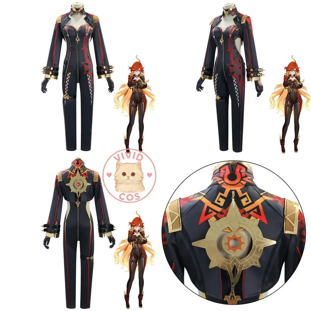 

Genshin Impact Cosplay Costume Anime Mavika Role Playing Black Jumpsuit Costume for Women Halloween Party Comic Con Outfit Wig