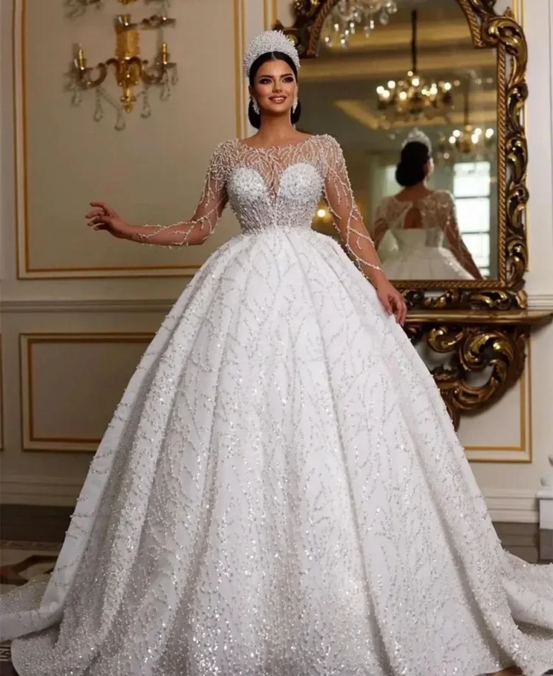 Luxury Sparkling Princess Wedding Dresses Romantic and Elegant Long Sleeve A-line Dragging Dress Vestidos De Novia Customized