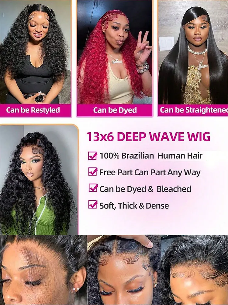 Perruque Lace Frontal Wig naturelle Loose Deep Wave, cheveux humains, Transparent HD, 5x5, sans colle, 13x4, 13x6, densité 250%