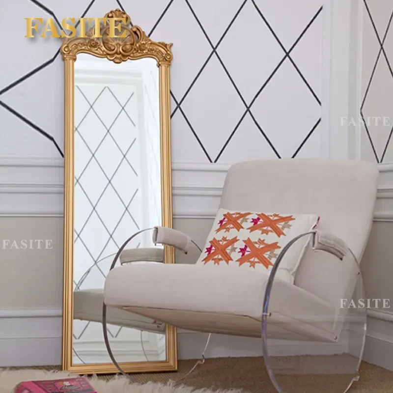 For European Home Bedroom Living Room Full Length Mirror Retro Carved Wood Frame High Definition Silver Mirror Light Luxury